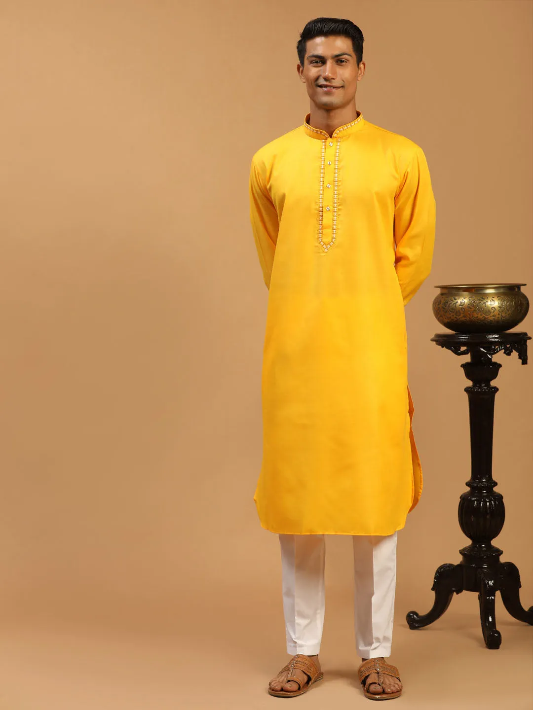 VASTRAMAY Men's Yellow And White Cotton Blend Kurta With Pant Set