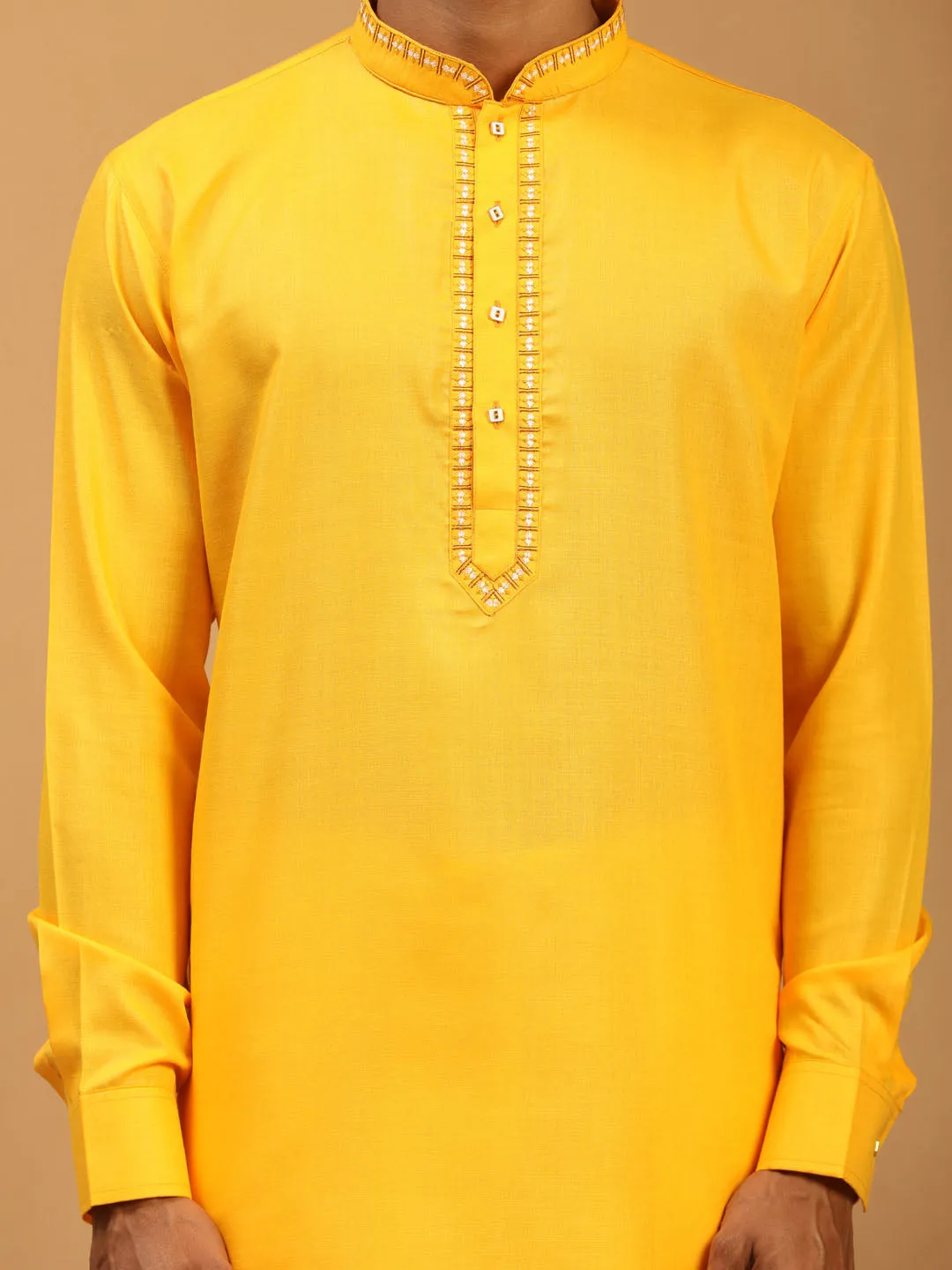 VASTRAMAY Men's Yellow And White Cotton Blend Kurta With Pant Set