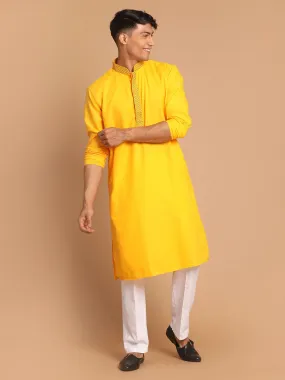 VASTRAMAY Men's Yellow And White Solid Kurta With Pant Style Cotton Pyjama Set