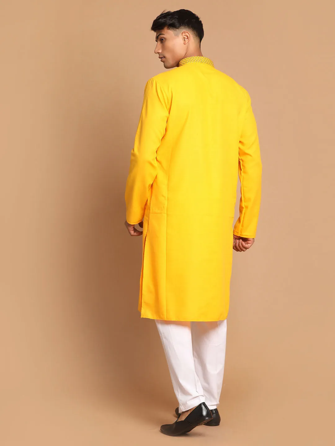 VASTRAMAY Men's Yellow And White Solid Kurta With Pant Style Cotton Pyjama Set