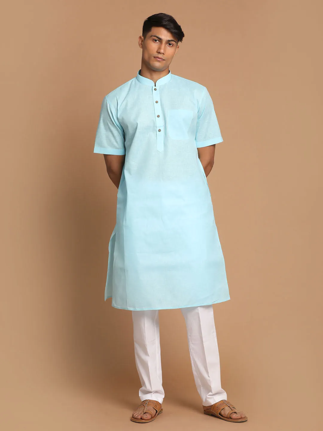 VM By VASTRAMAY Men's Aqua Bule Solid Kurta with White Pant style Cotton Pyjama Set