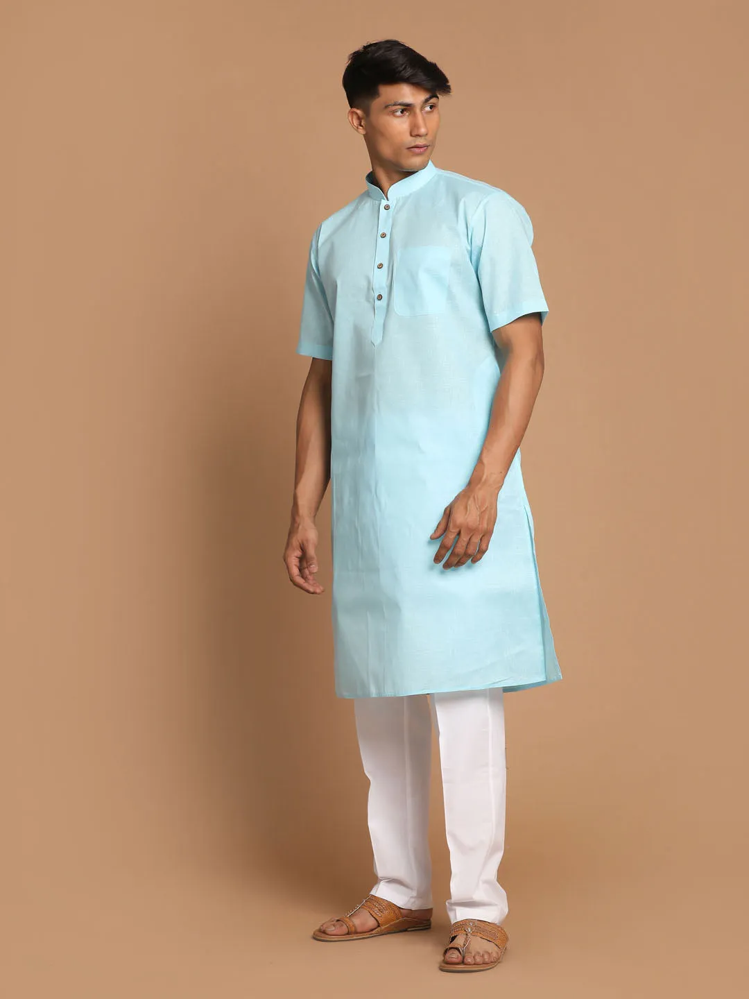 VM By VASTRAMAY Men's Aqua Bule Solid Kurta with White Pant style Cotton Pyjama Set