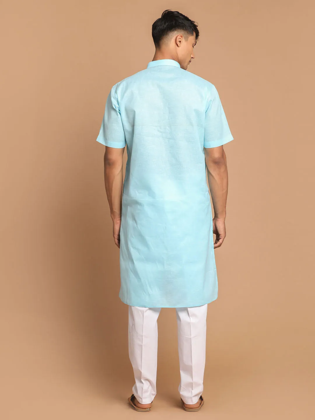 VM By VASTRAMAY Men's Aqua Bule Solid Kurta with White Pant style Cotton Pyjama Set