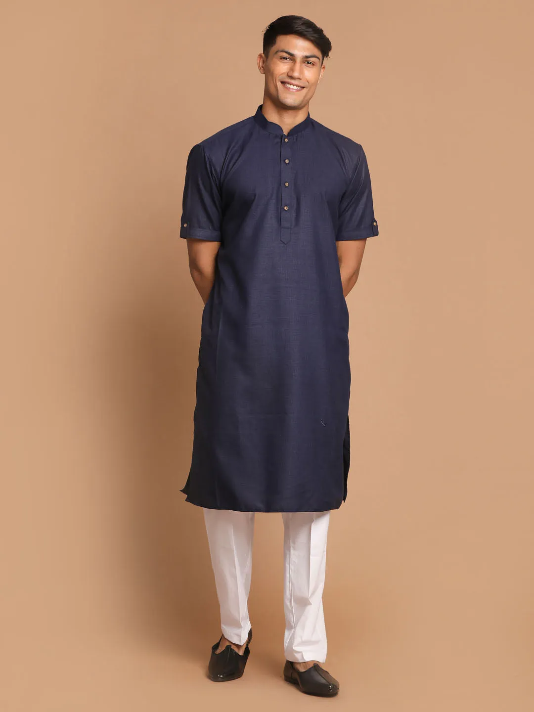 VM By VASTRAMAY Men's Navy Blue Solid Kurta with White Pant style Cotton Pyjama Set