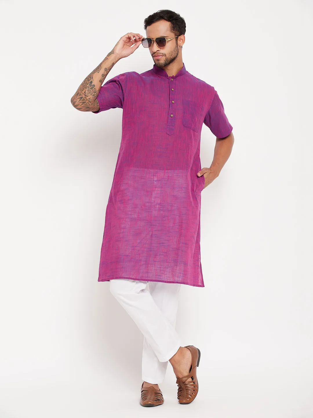 VM By VASTRAMAY Men's Solid Purple Pure Cotton Kurta With White Pant Style Pyjama Set