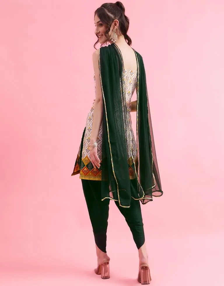 White Cotton Printed A-Line Kurta With Pant And Dupatta