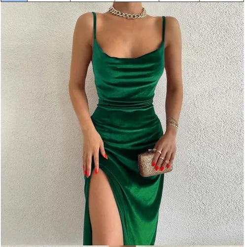 Women's Strap Dress Sexy U Neck Slit Sleeveless Solid Color Midi Dress Street