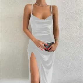 Women's Strap Dress Sexy U Neck Slit Sleeveless Solid Color Midi Dress Street