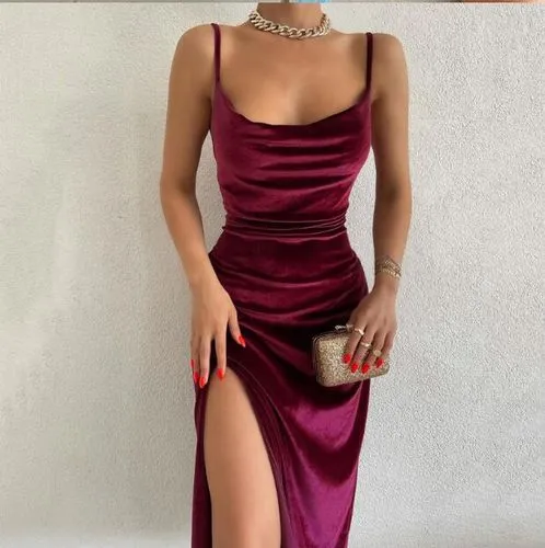 Women's Strap Dress Sexy U Neck Slit Sleeveless Solid Color Midi Dress Street