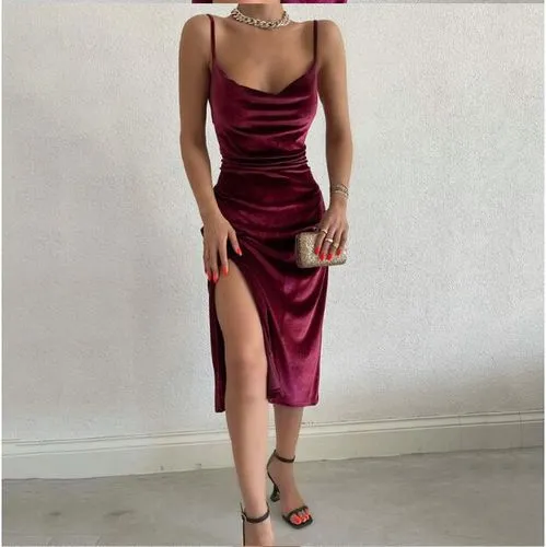 Women's Strap Dress Sexy U Neck Slit Sleeveless Solid Color Midi Dress Street