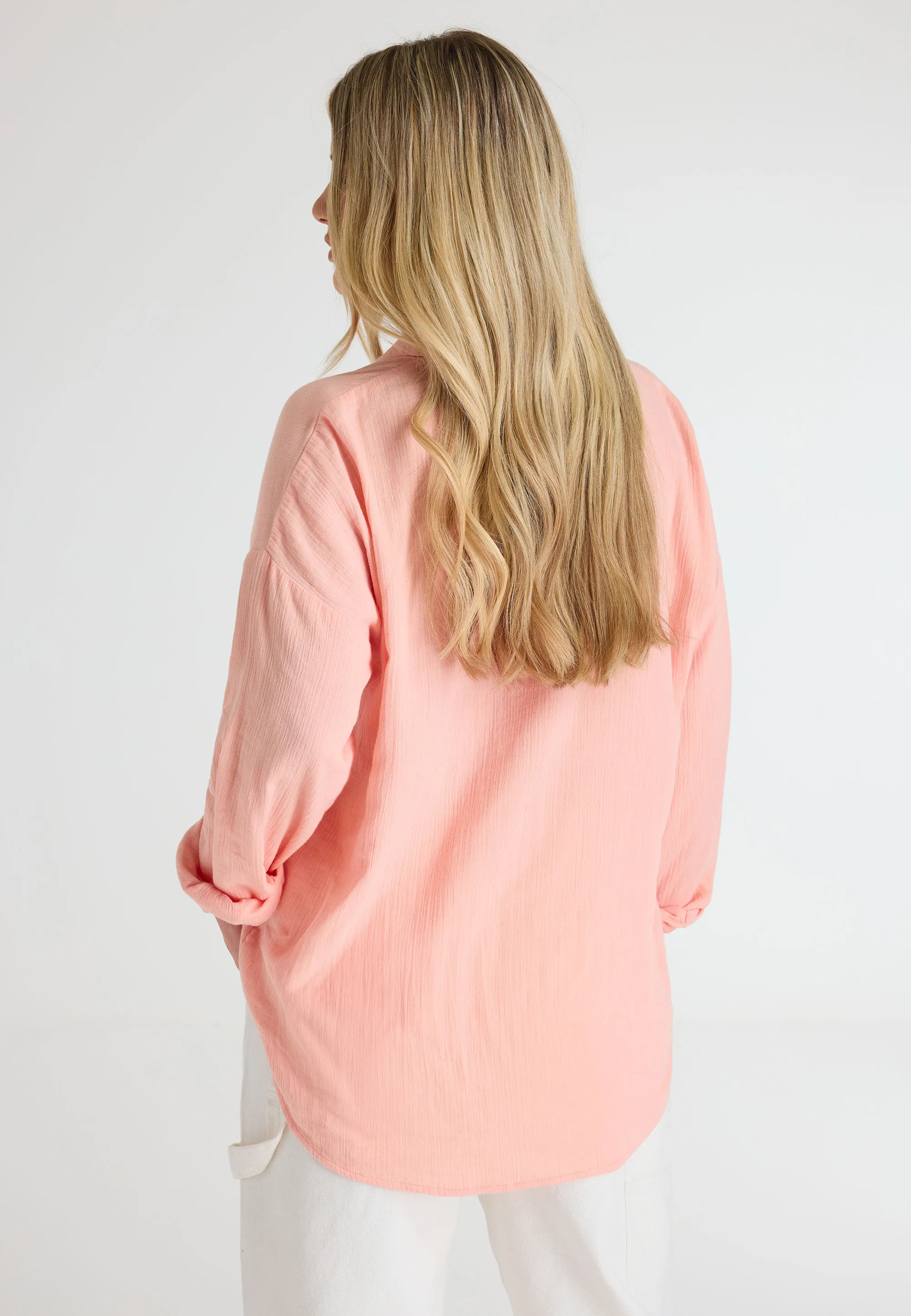 Womens Coral Crinkle Long Sleeve Shirt