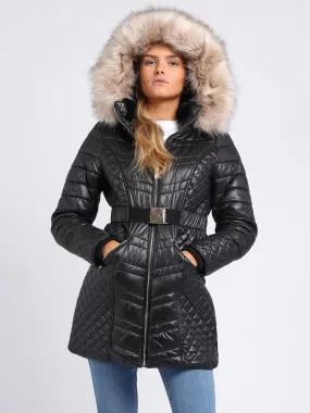 Womens Luxurious Faux Fur Quilted Parka Coat, Black, Champagne, UK Sizes 8 to 16