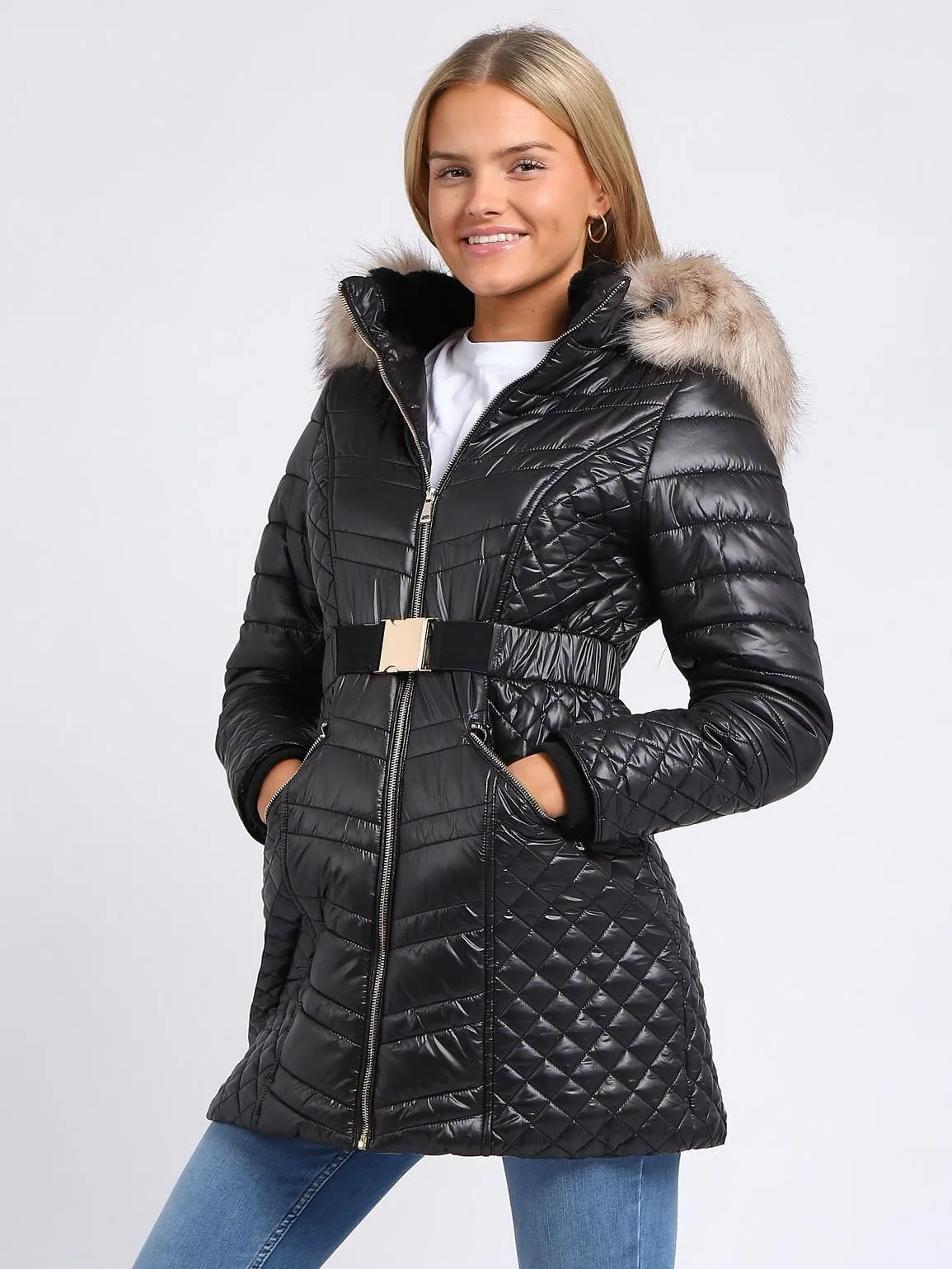 Womens Luxurious Faux Fur Quilted Parka Coat, Black, Champagne, UK Sizes 8 to 16