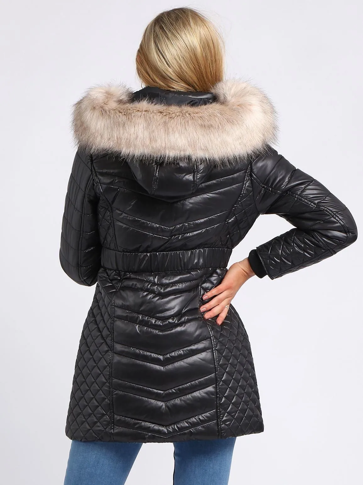 Womens Luxurious Faux Fur Quilted Parka Coat, Black, Champagne, UK Sizes 8 to 16