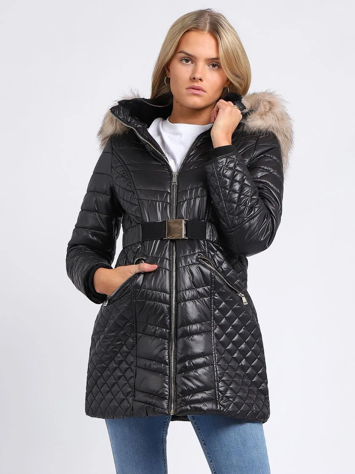 Womens Luxurious Faux Fur Quilted Parka Coat, Black, Champagne, UK Sizes 8 to 16