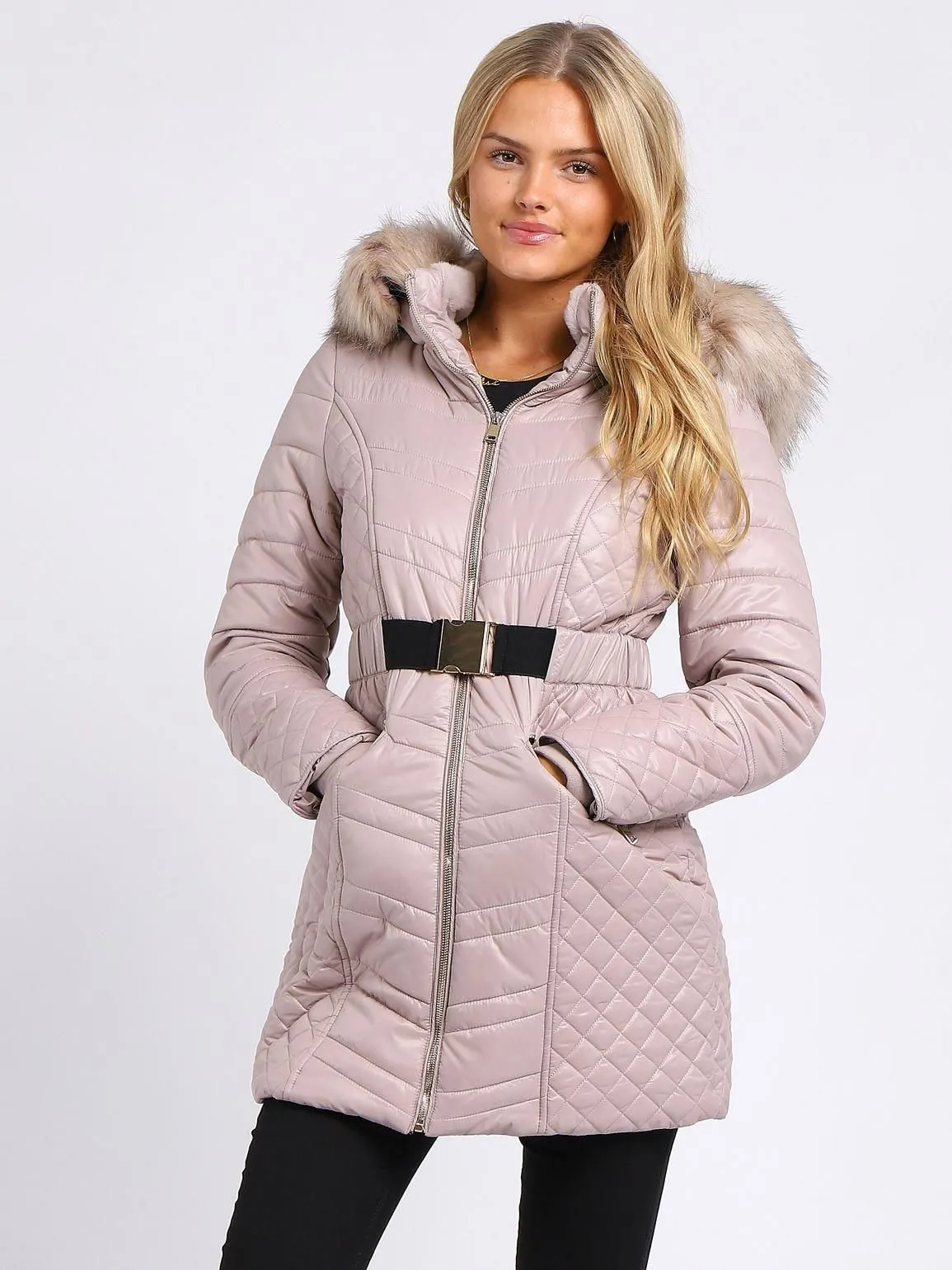 Womens Luxurious Faux Fur Quilted Parka Coat, Black, Champagne, UK Sizes 8 to 16