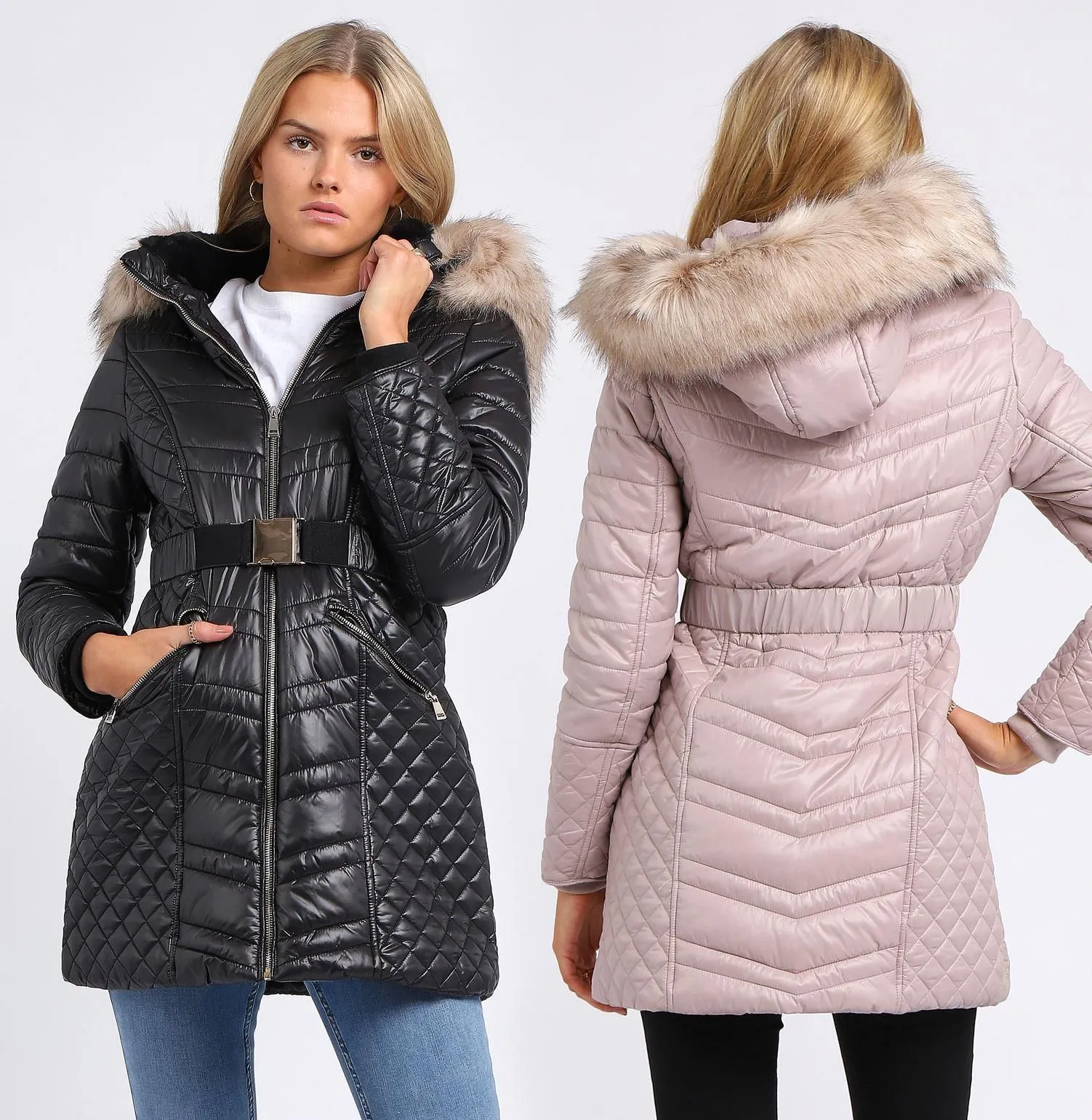 Womens Luxurious Faux Fur Quilted Parka Coat, Black, Champagne, UK Sizes 8 to 16