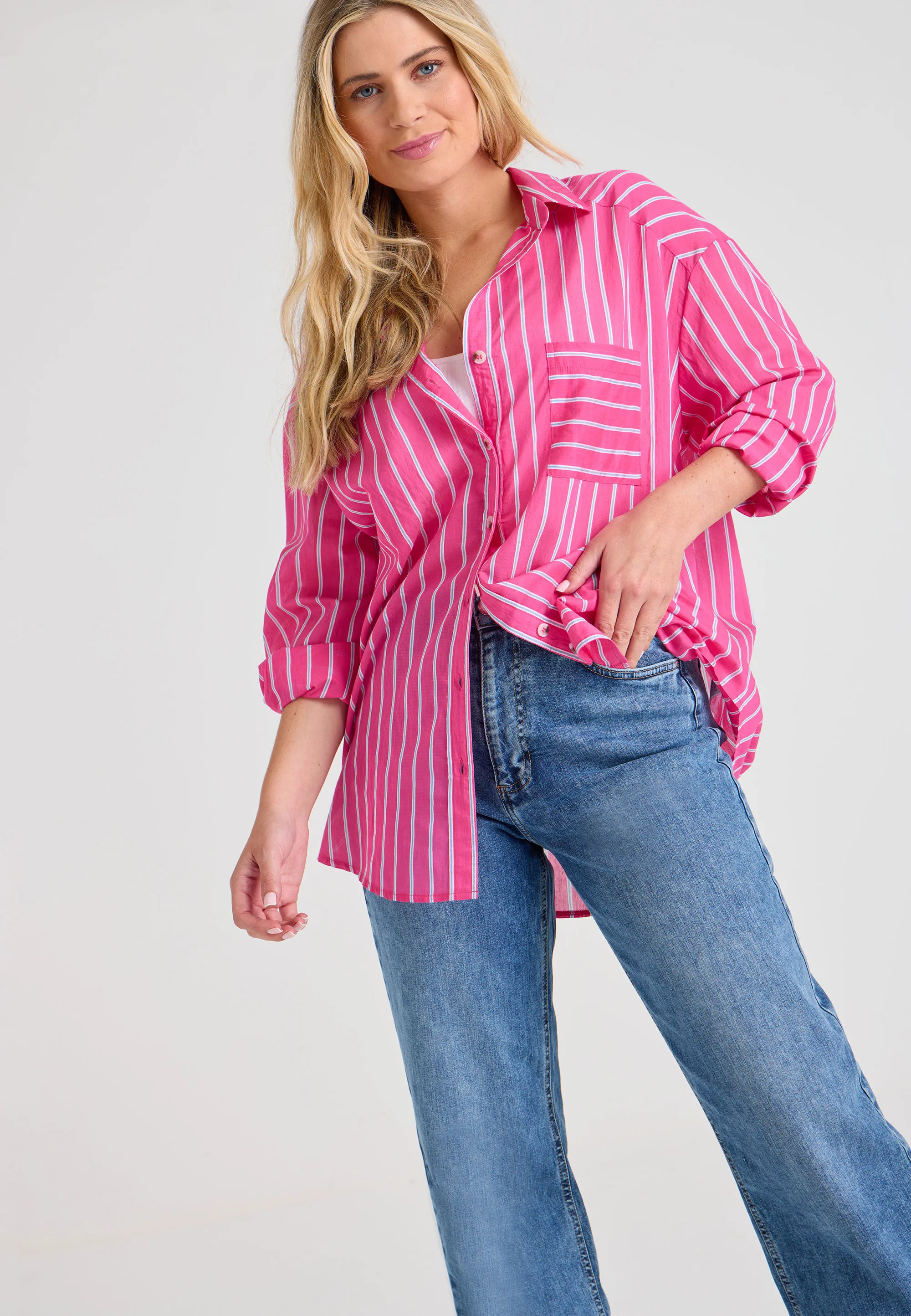 Womens Pink & Blue Stripe Long Sleeve Shirt