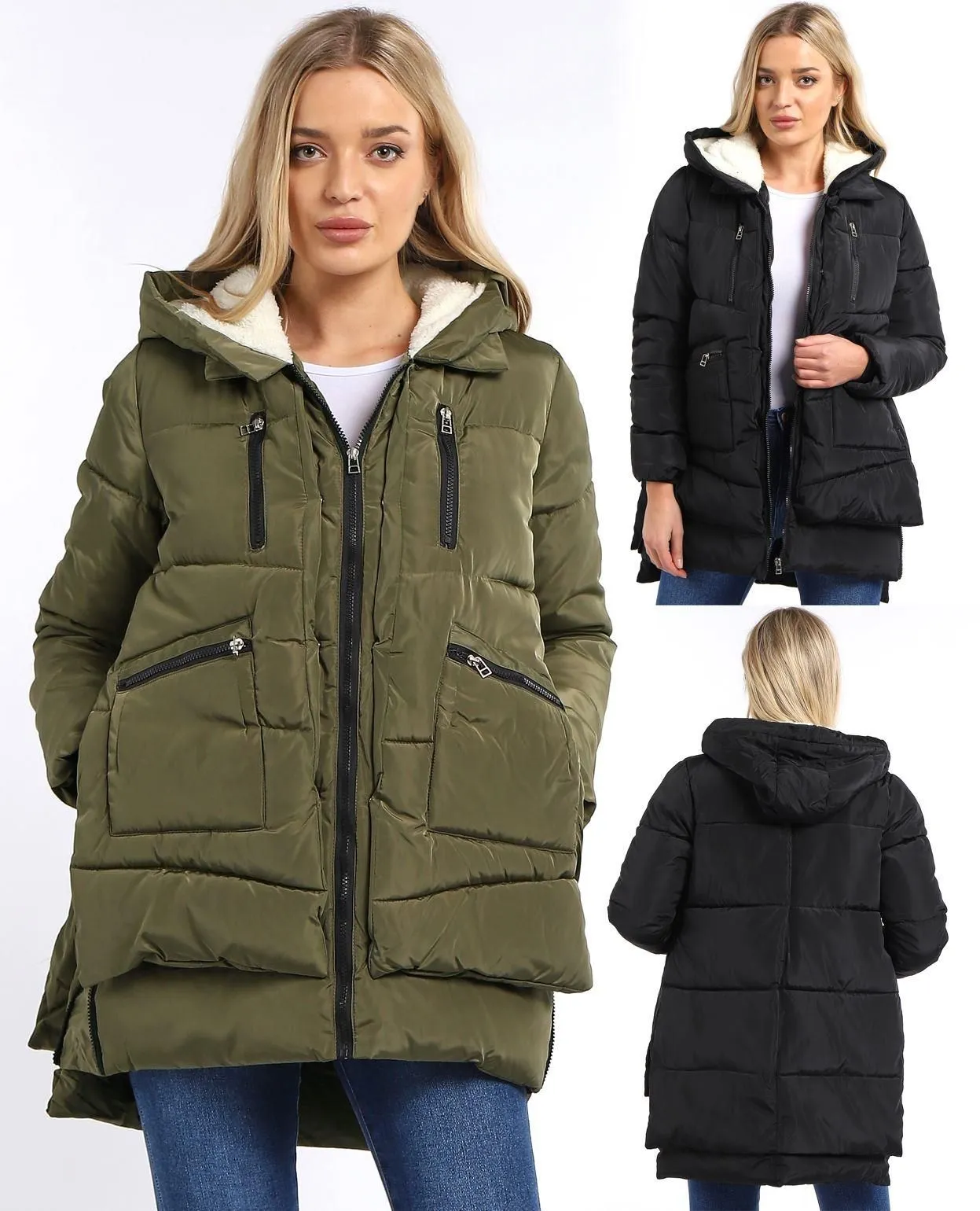 Womens Thickened Parka Coat, Fleece Lined Hood, Khaki, Black, UK Sizes 8 to 12